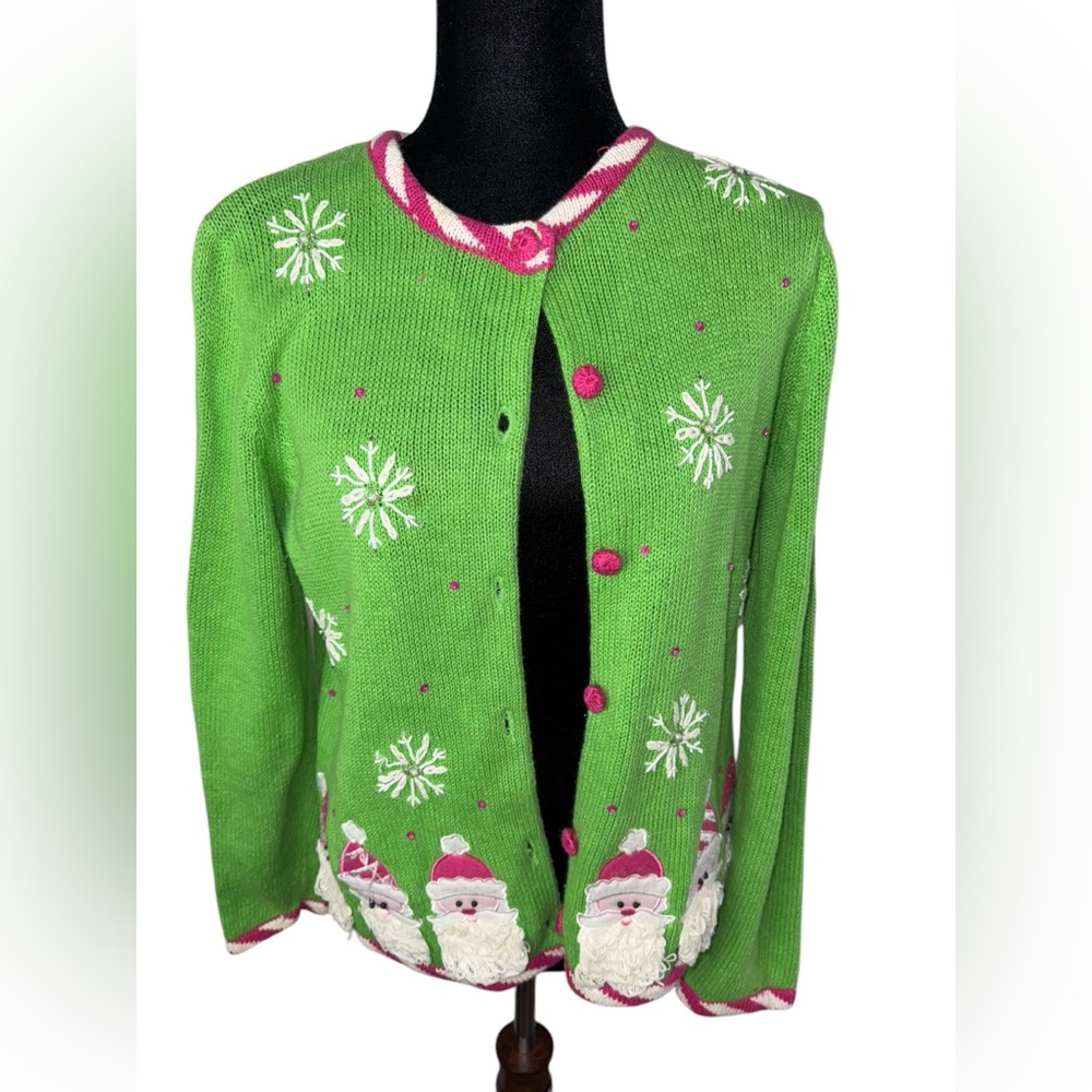 Heirloom Collectibles Vintage Tacky Christmas Santa Cardigan Green & Pink - Picture 9 of 10